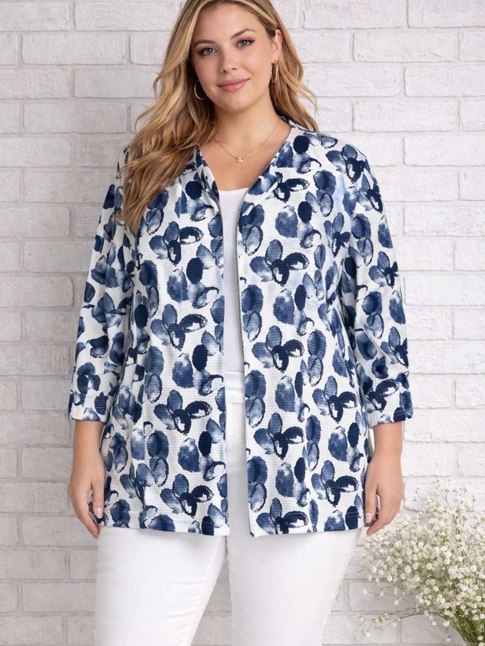 Doncaster Collection Blue and White Abstract Floral Longline Jacket Size 16W